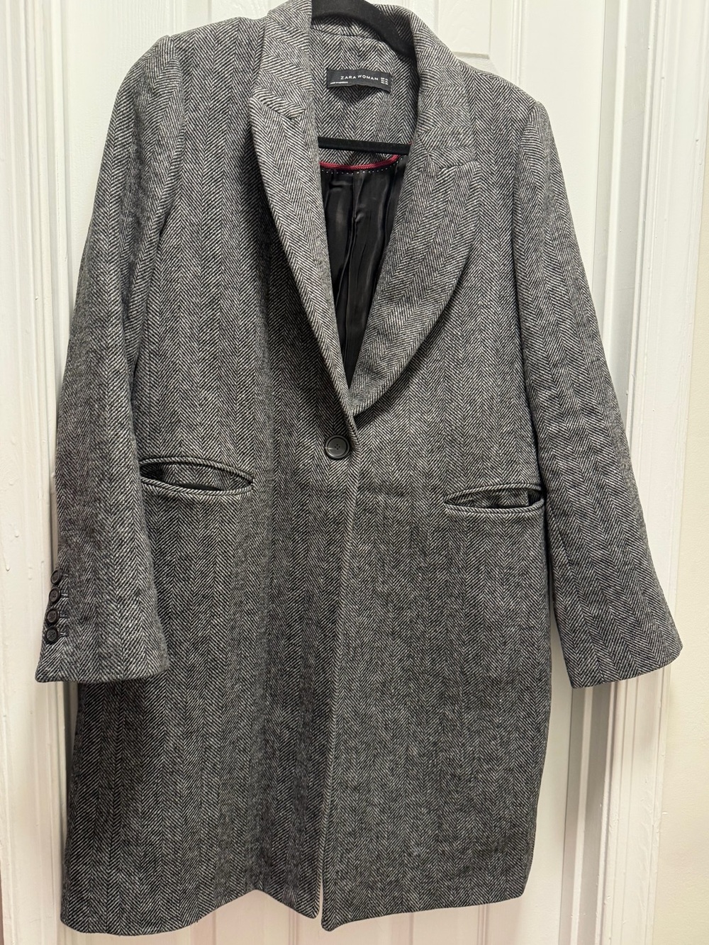 Zara Gray Herringbone Single-Button Pea Coat